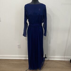Rickie Freeman Teri Jon Royal Blue Silk Maxi Dress Sheer Sequin Overlay Sz 10